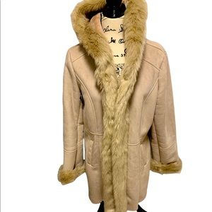 Dennis Basso Faux Fur/ Faux Suede Coat Parka Hooded S With Tuxedo Collar-roomy S